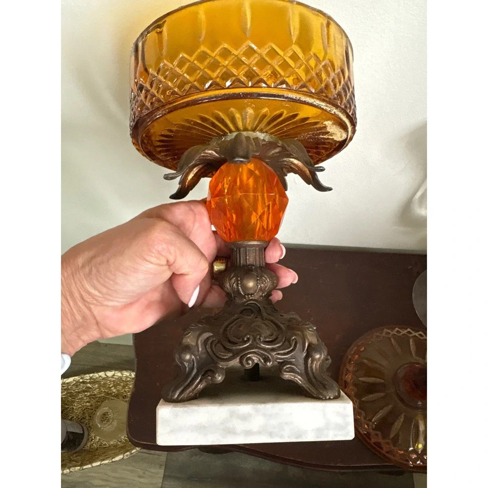 Vintage Amber Glass Hollywood Regency Candy Dish Ornate Metal Marble Base